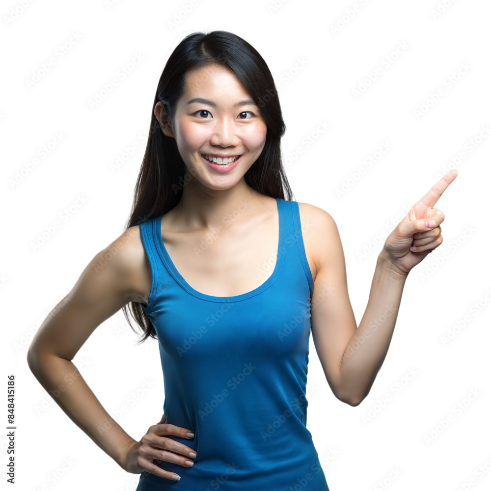 Smiling woman pointing to the side on transparent background Smiling woman pointing to the side on transparent background