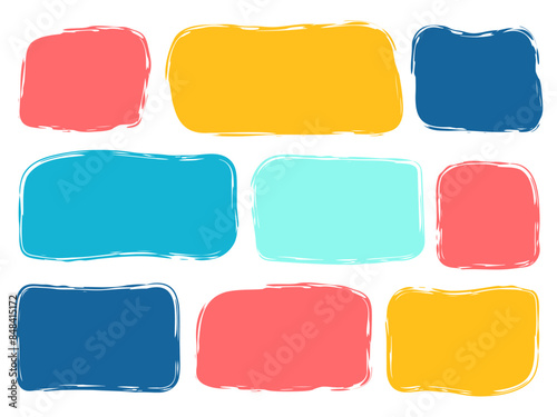 Brush paint rectangle square text box set. Colorful doodle abstract geometric frame. Empty highlight speech bubble. Playful kids simple textbox template collection. Abstract shapes isolated on white