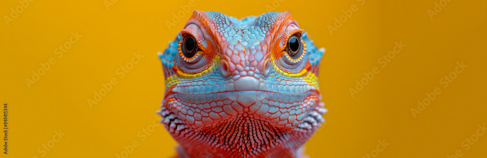 Fototapeta premium Bearded dragon lizard in vivid colors against yellow background, free space for text