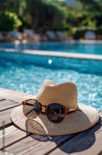 Straw Hat and Sunglasses by the Pool on a Sunny Day
