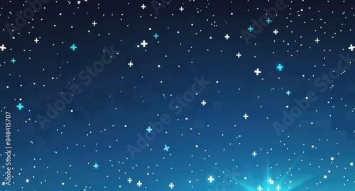 Fototapeta Naklejka Na Ścianę i Meble -  Blue starry sky background with pixel art stars and squares Simple geometric space grid pattern for game or motion graphics animation Generative AI