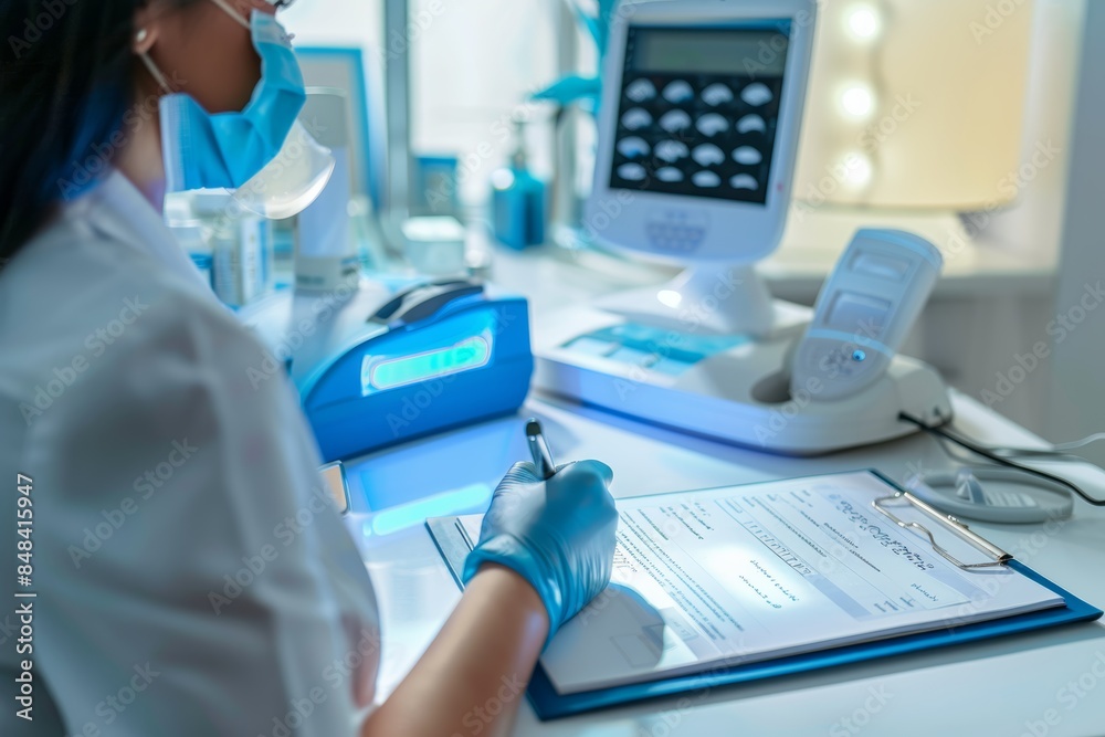 Patient Completing Consent Form for IPL Phototherapy in Modern Clinic Room with Purple Accent Lighting Patient Completing Consent Form for IPL Phototherapy in Modern Clinic Room with Purple Accent Lighting