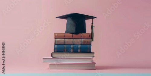 Graduation Cap Resting on Stack of Books Against Pink and Blue Background