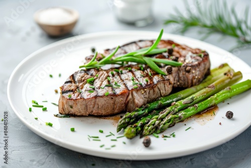 A close-up shot of a grilled steak and asparagus on a white plate, with a sprig of rosemary resting atop the steak © Ilia Nesolenyi