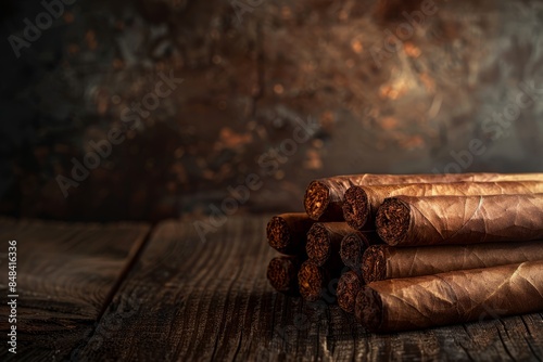 A closeup photo of a stack of cigars resting on a wooden table against a dark background