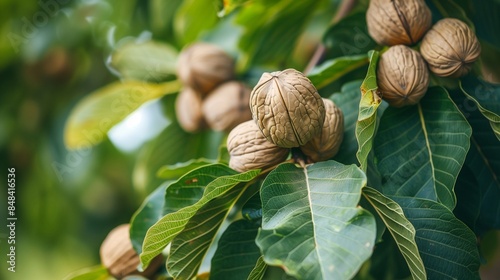 Ripe Walnuts on Tree in Orchard Earthy Tones