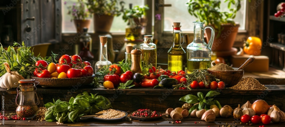 Rustic Mediterranean Kitchen Table with Fresh Vegetables, Grains, Olive Oil, and Spices for Meal Preparation