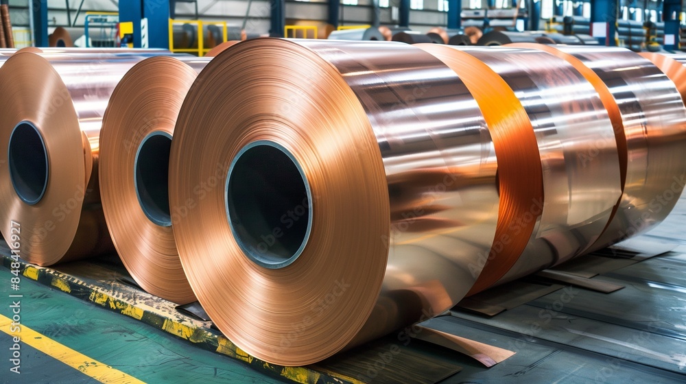 Obraz premium Copper Sheet Metal Rolls in Warehouse Storage