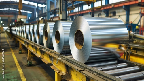 Metal coils on conveyor belt in factory industrial setting