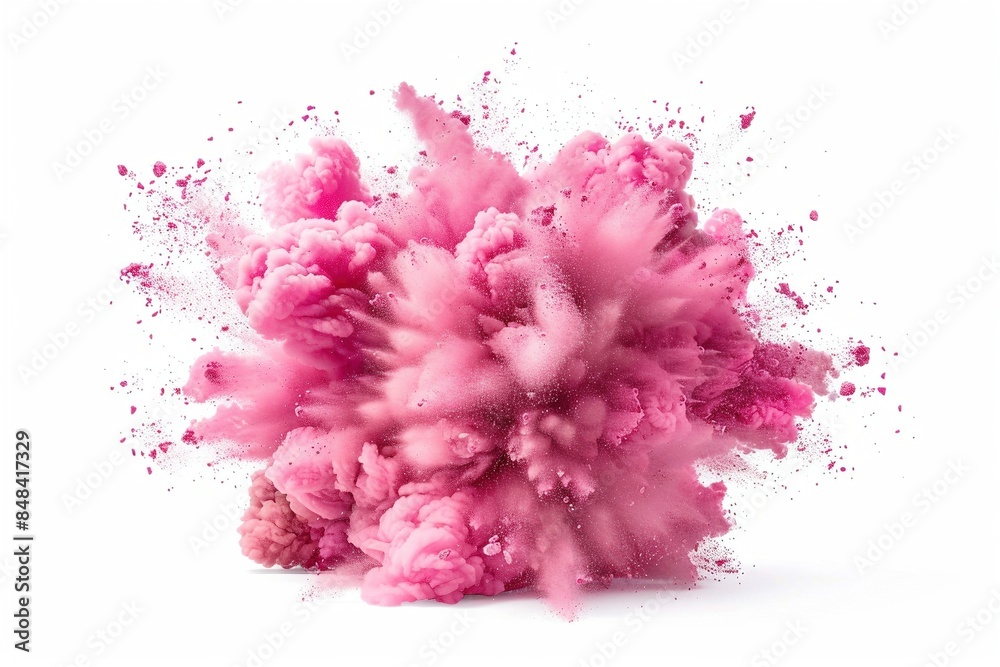 Pink powder erupts in a dynamic burst, isolated on a pure white backdrop. Pink powder erupts in a dynamic burst, isolated on a pure white backdrop.