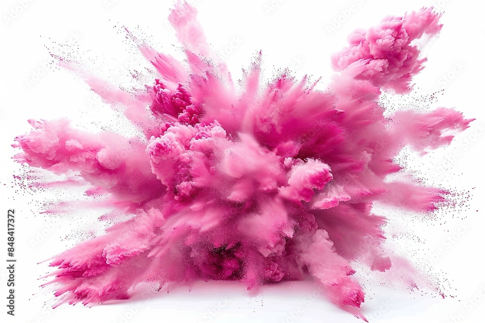 Naklejka premium Pink powder erupts in a dynamic burst, isolated on a pure white backdrop.