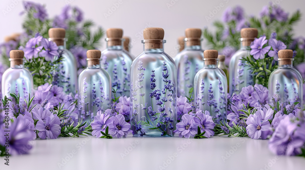 Clear glass bottles different sizes filled lavender oil, surrounded lavender flowers neatly arranged Clear glass bottles different sizes filled lavender oil, surrounded lavender flowers neatly arranged