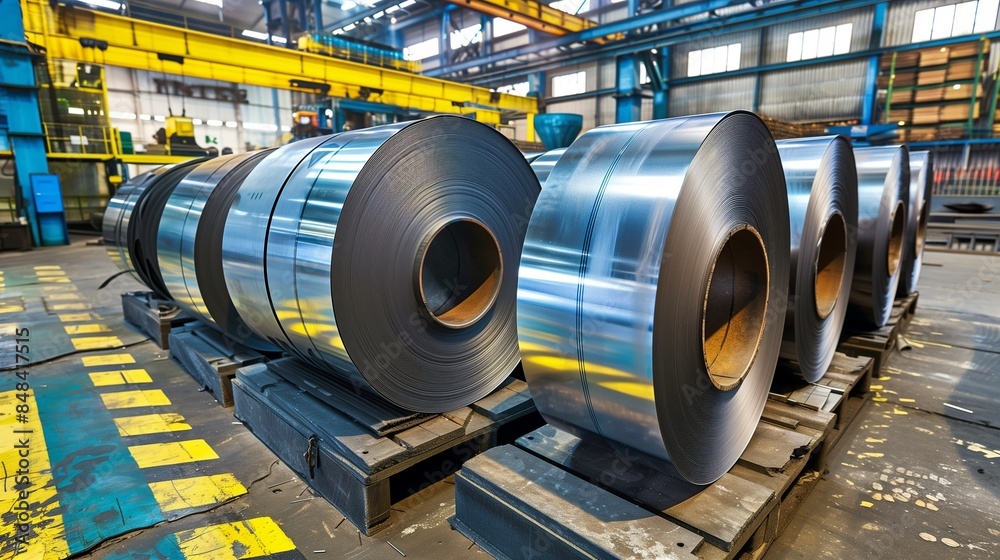 Metal Coils on Warehouse Floor in Industrial Setting Metal Coils on Warehouse Floor in Industrial Setting