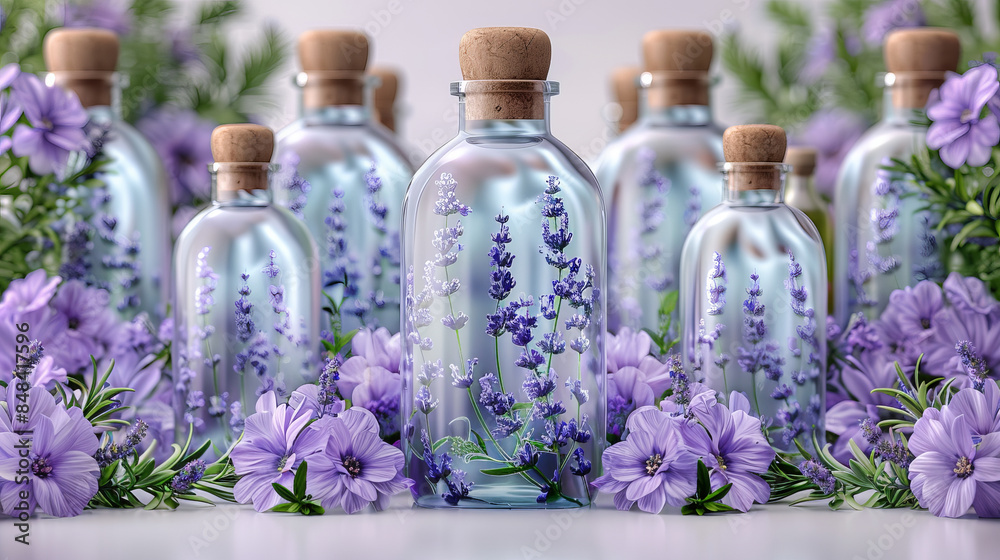 Clear glass bottles different sizes filled lavender oil, surrounded lavender flowers neatly arranged Clear glass bottles different sizes filled lavender oil, surrounded lavender flowers neatly arranged