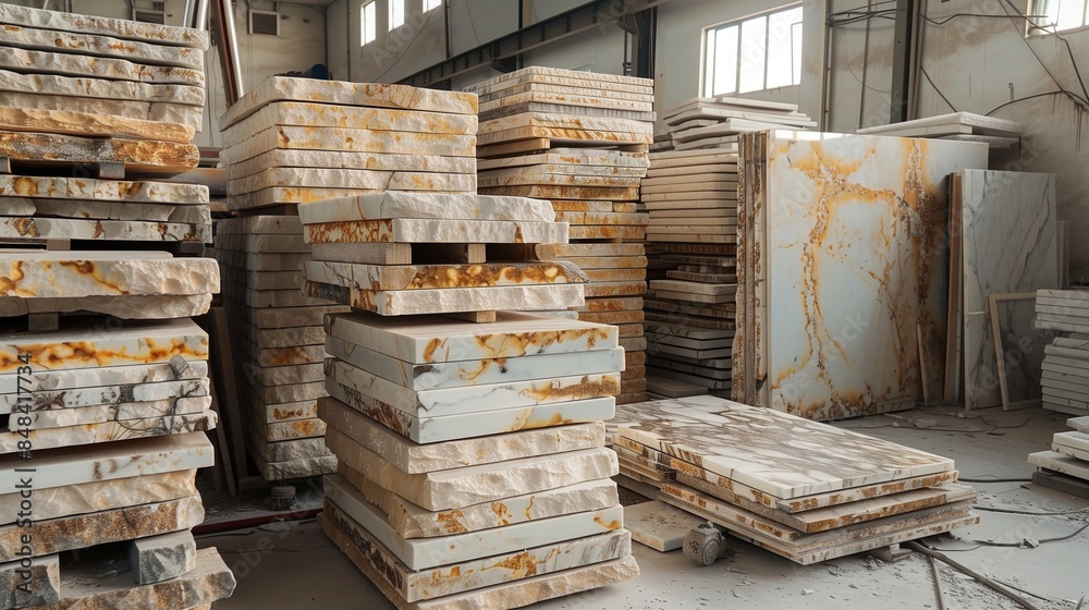 Stacks of Raw Marble Slabs in Stone Factory Stacks of Raw Marble Slabs in Stone Factory