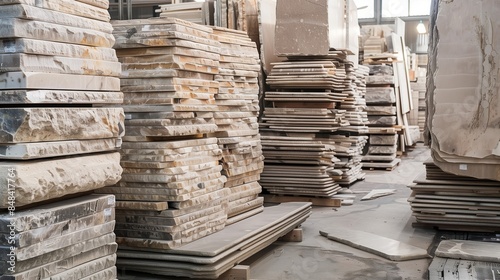Stacks of Raw Marble Slabs in Stone Factory