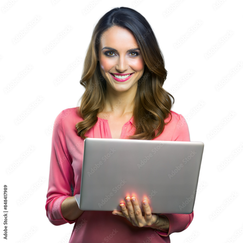 Naklejka premium Smiling woman with laptop on transparent background