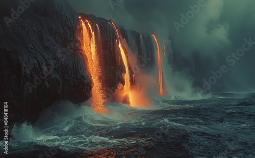 Dramatic Lava Falls Cascade Into Ocean at Sunset