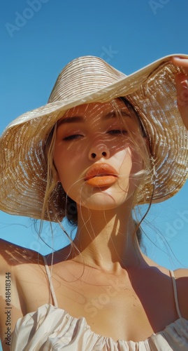 Woman Wearing Straw Hat and White Dress Under Summer Sun