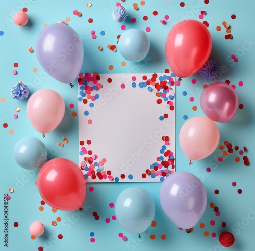 Blue and Pink Balloons Surrounding White Card on Blue Background With Confetti