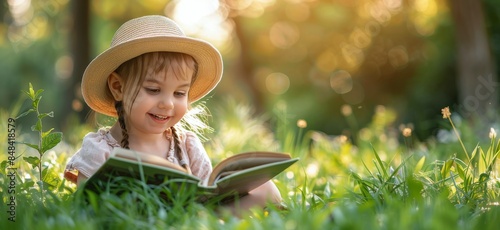 Young Girl Reading a Book in a Meadow on a Sunny Day
