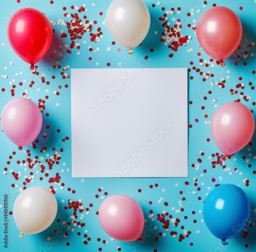 Blue and Pink Balloons Surrounding White Card on Blue Background With Confetti