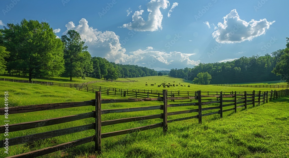 Green Pasture With Wooden Fence and Cattle Grazing on a Sunny Day Green Pasture With Wooden Fence and Cattle Grazing on a Sunny Day