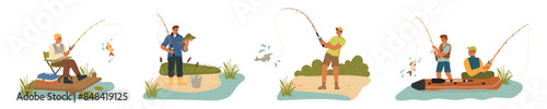 People fishing in pond, lake or river set