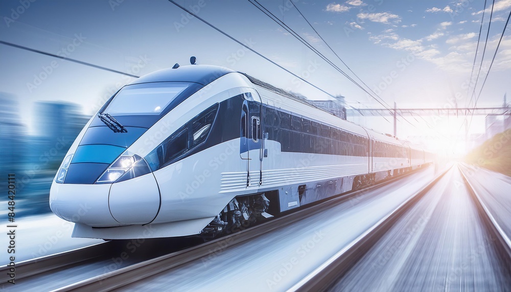 Fototapeta premium modern train with speed light effect, space for text. high tech transportation. Fast trip