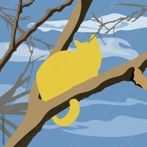 A red cat is sitting on a tree branch against the sky. The illustration is executed in mostly cool colors. The image conveys calmness, meditation, playfulness, and comfort.