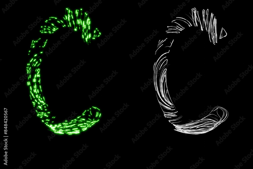 Fototapeta premium Letter C made of many thin transparent tubes with green neon light lines inside with clipping mask, 3d rendering