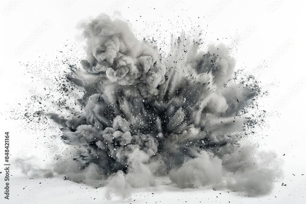 A burst of gray paint explodes against a crisp white background. A burst of gray paint explodes against a crisp white background.
