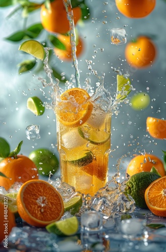 Refreshing Orange and Lime Citrus Drink With Ice and Water Splashes