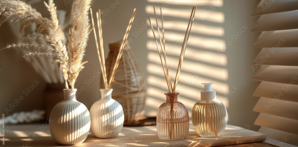 Fototapeta premium Decorative Reed Diffuser Bottles and Dried Pampas Grass in Sunlight