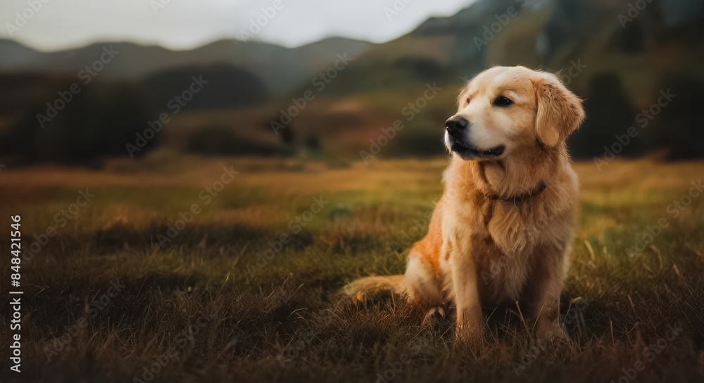 Golden Retriever Sitting in a Serene Meadow at Dusk