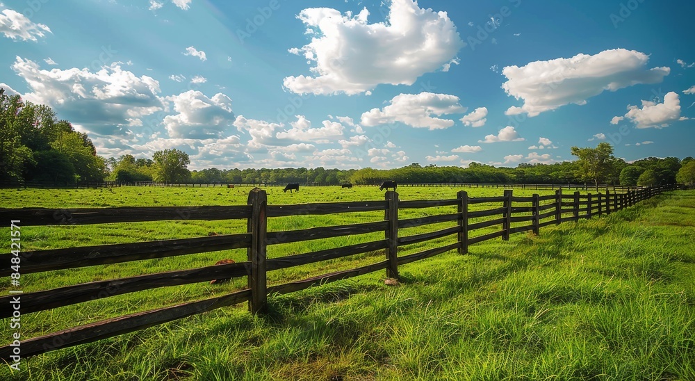 A Wooden Fence Lines a Green Pasture on a Sunny Day A Wooden Fence Lines a Green Pasture on a Sunny Day