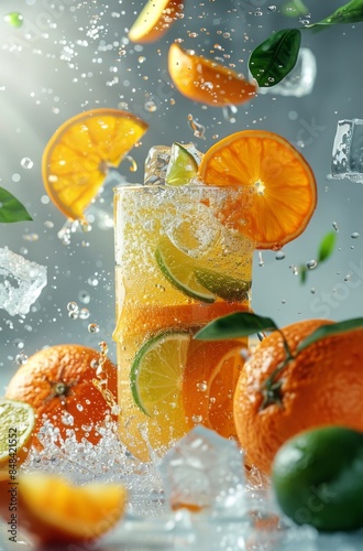 Refreshing Orange and Lime Citrus Drink With Ice and Water Splashes