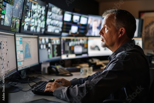 A cybersecurity expert meticulously reviews data displayed on multiple computer monitors in a high-tech security operations center