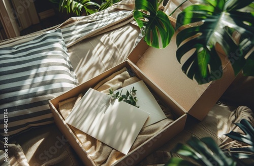 Gift Box With White Paper And Twine On Wooden Table Surrounded By Plants