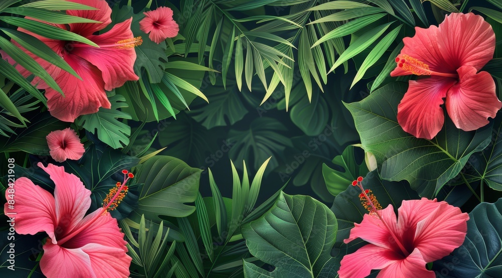 Pink Hibiscus Flowers Blooming Amongst Lush Green Tropical Foliage Pink Hibiscus Flowers Blooming Amongst Lush Green Tropical Foliage