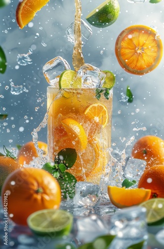 Refreshing Orange and Lime Citrus Drink With Ice and Water Splashes