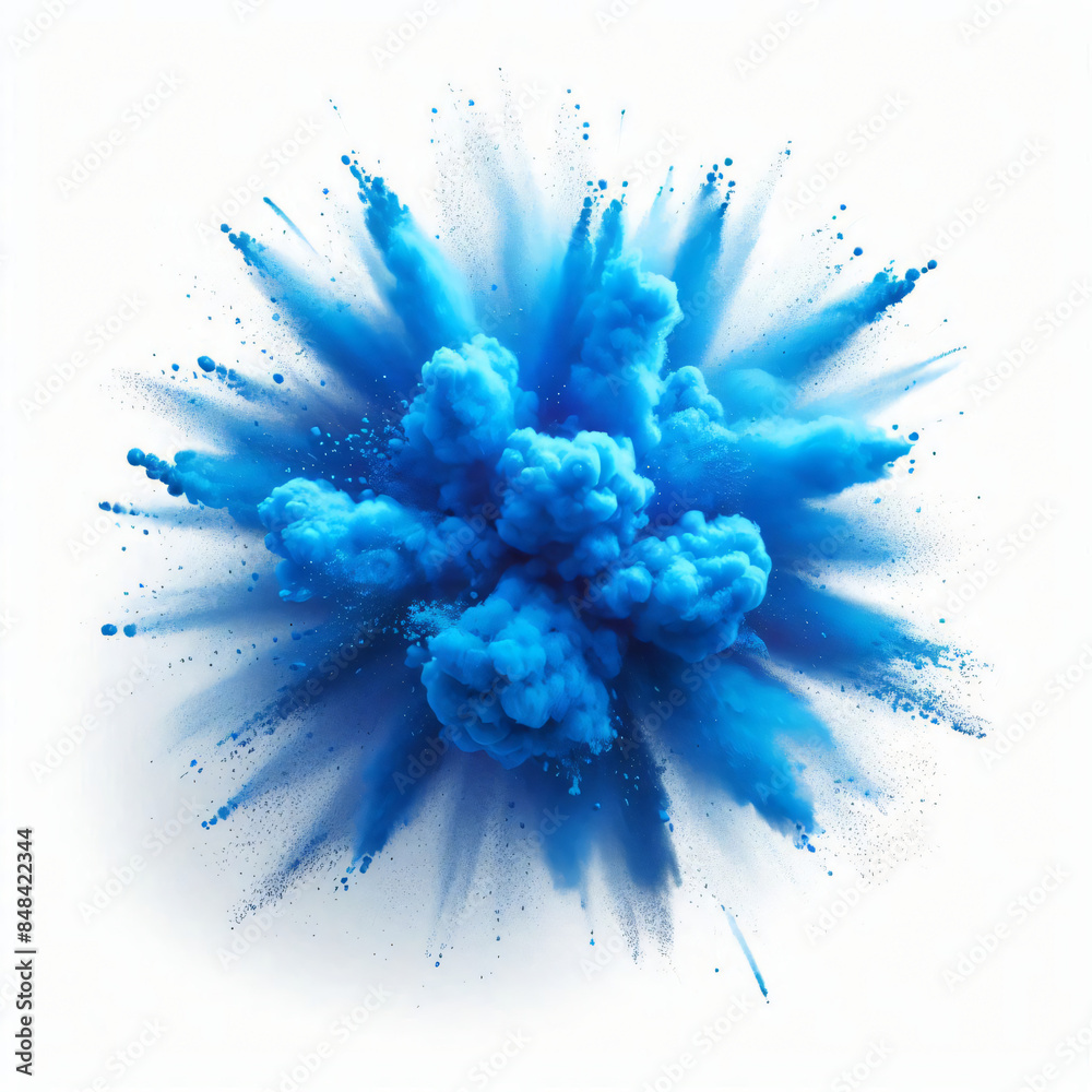 Bright blue Holi paint color powder explosion burst, isolated on a white background. Bright blue Holi paint color powder explosion burst, isolated on a white background.