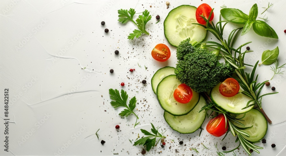Fresh Cucumber, Tomato, Broccoli, and Rosemary Spilled on White Background Fresh Cucumber, Tomato, Broccoli, and Rosemary Spilled on White Background