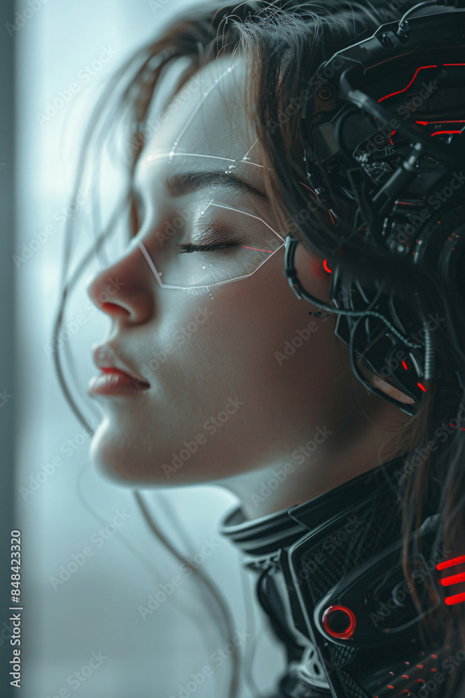 Side profile of a woman with closed eyes and cybernetic enhancements glowing red and white in a futuristic setting Side profile of a woman with closed eyes and cybernetic enhancements glowing red and white in a futuristic setting