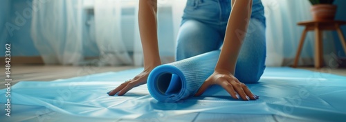 Person Rolling Up Blue Yoga Mat on Floor Indoors