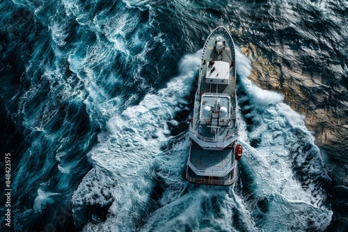 An aerial view of a research vessel braving turbulent waters with whitecaps and large waves crashing around it