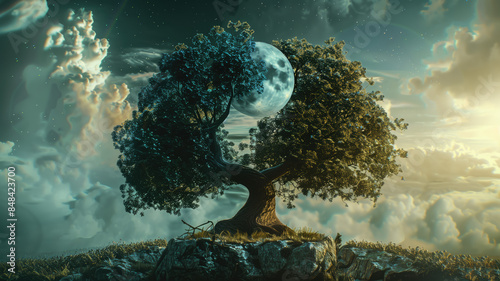 Ying yang concept of balance Yggdrasil tree of life norse mythology. Balance concept. Generative ai