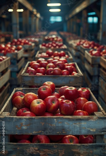 Red Apples Packed in Wooden Crates Inside a Large Warehouse
