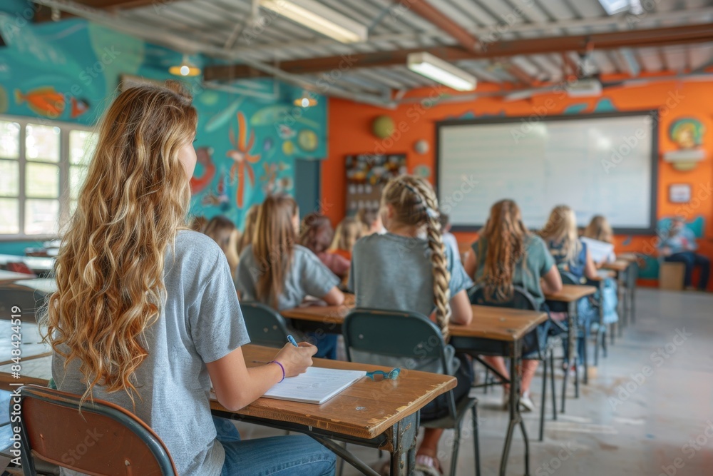 Female Student Taking Notes in a Classroom With a Projection Screen Female Student Taking Notes in a Classroom With a Projection Screen