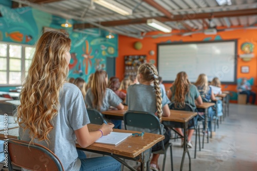 Female Student Taking Notes in a Classroom With a Projection Screen